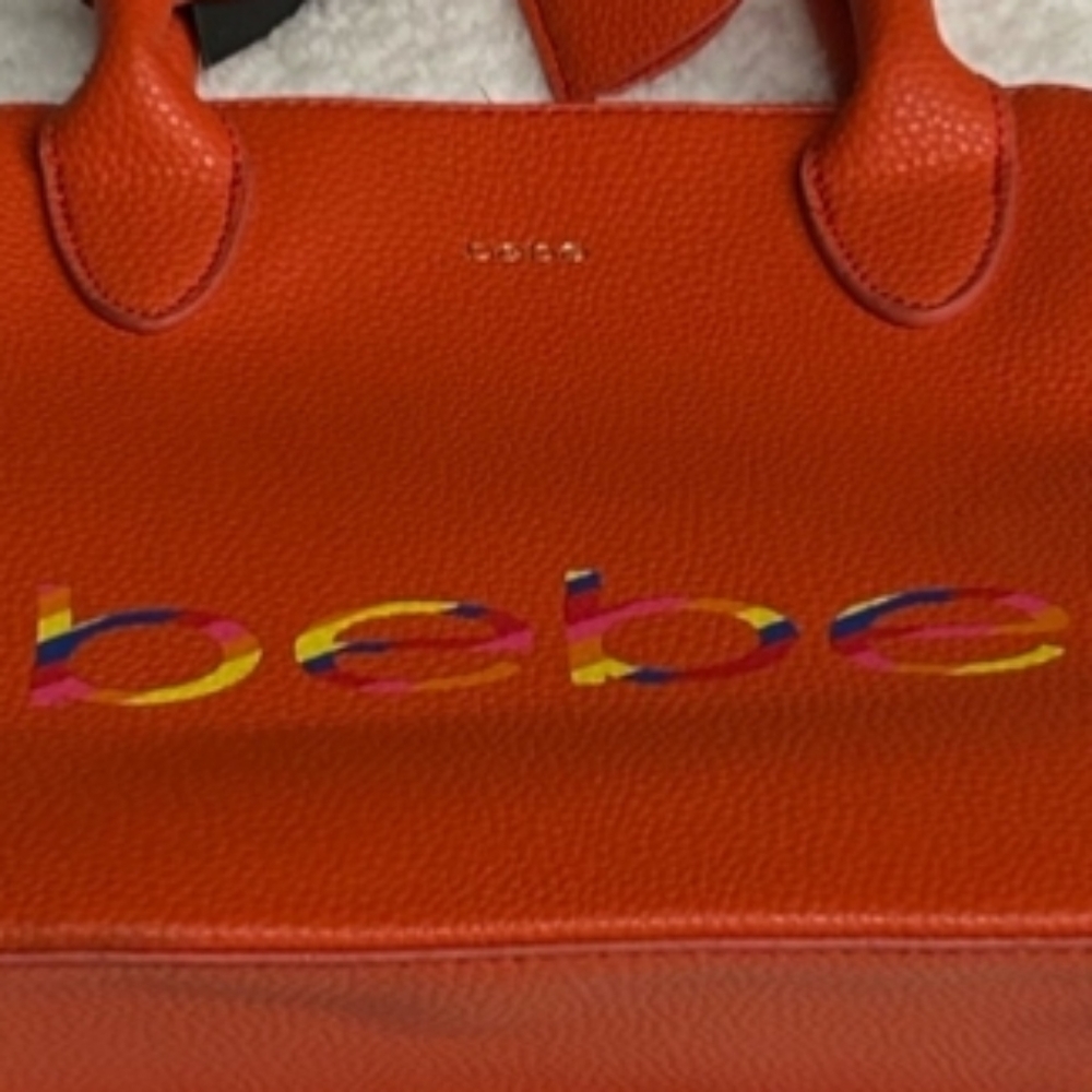 BEBE Satchel Bag Purse in Ruby Red  Colorful Logo handles new shoulder strap NEW - Picture 6 of 8